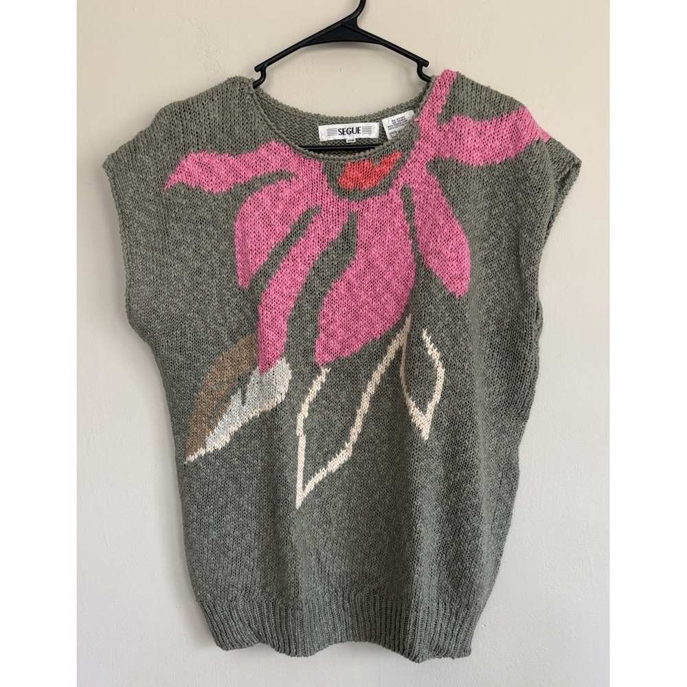 Vintage Segue Pop Art 80s Sleeveless Shoulder Pads Sweater Size XL 100% Ramie